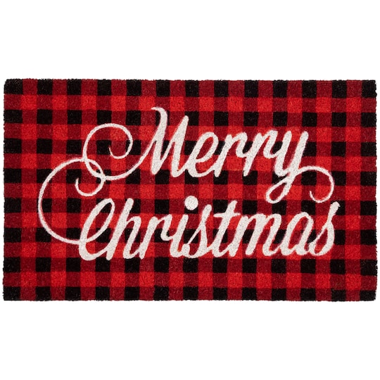 Red and Black Plaid "Merry Christmas" Natural Coir Christmas Outdoor Doormat 18" x 30" By Northlight | Michaels®